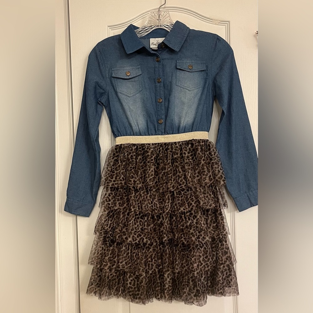 Rare Editions denim and leopard girl dress